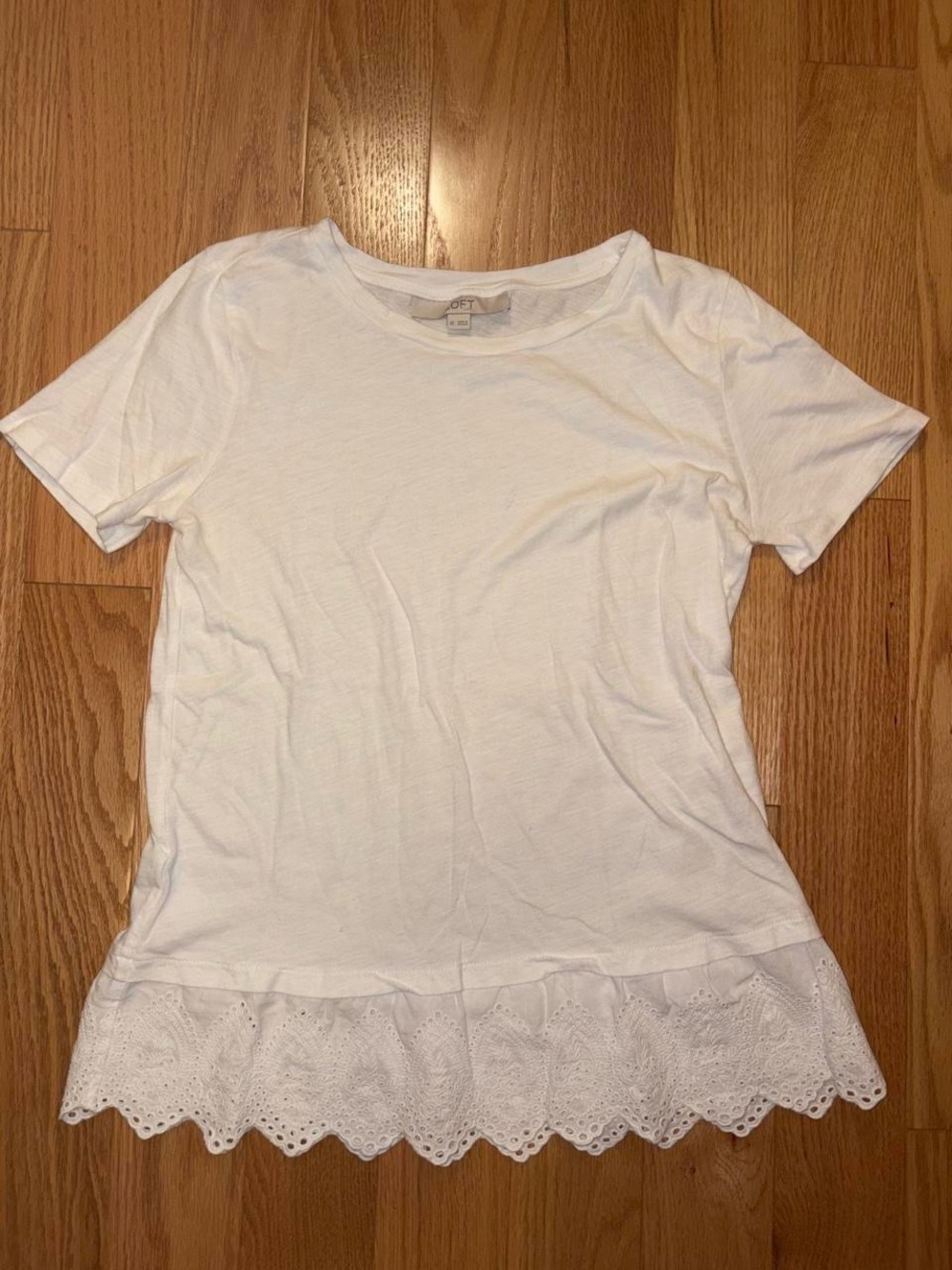 LOFT White Short Sleeve Tee with Eyelet Scallop Hem